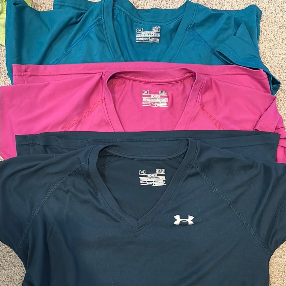 Under Armour Teal, Pink, and Dark Green V-Neck T-Shirts